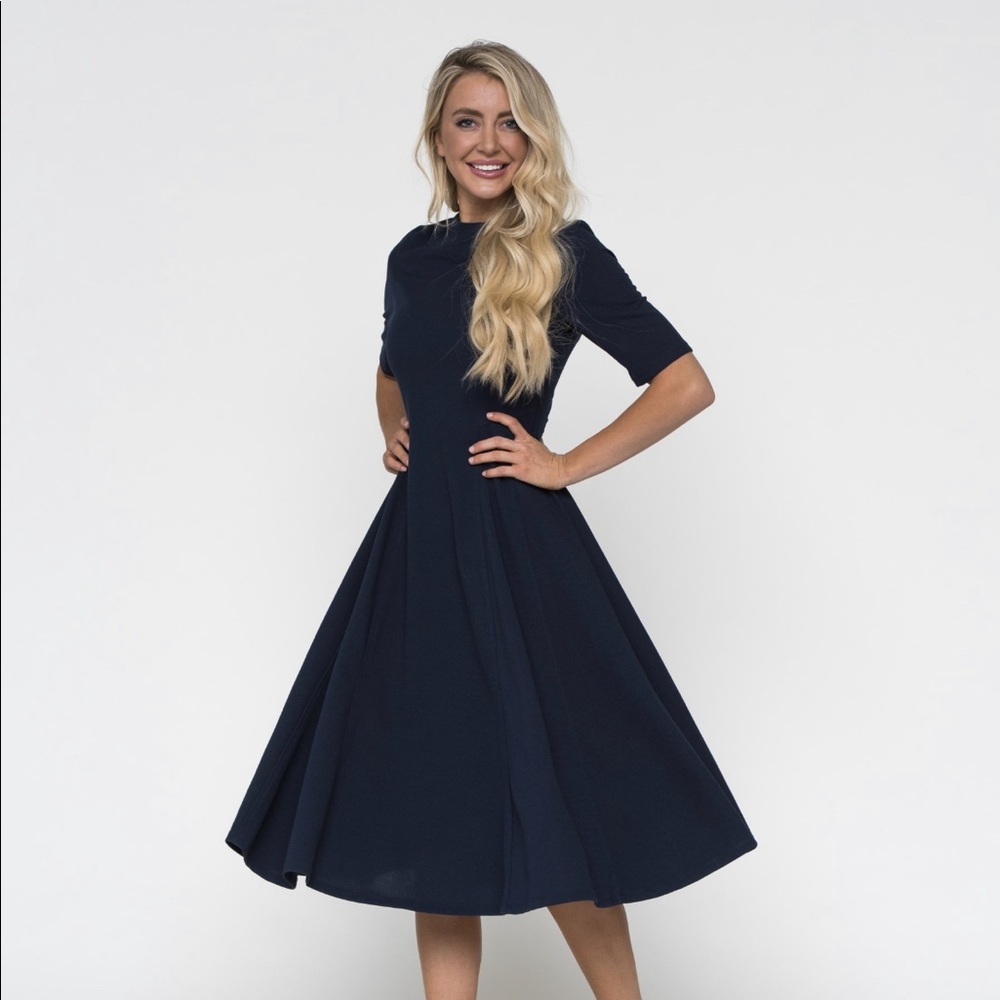 Navy Skater Dress with Sleeves